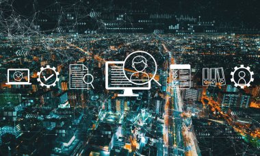 Gece şehir manzaralı belge yönetim sistemi kavramı