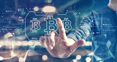 Kentin arka planında bir adamla Bitcoin teması