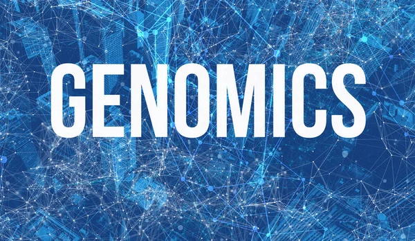 Genomics Theme z abstrakcyjnym krajobrazem miejskim — Zdjęcie stockowe