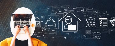 Bir dizüstü bilgisayar kullanan kişiyle uzak çalışma temasıName