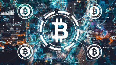 Bitcoin temalı ve geceleri Tokyo 'nun hava manzaralı