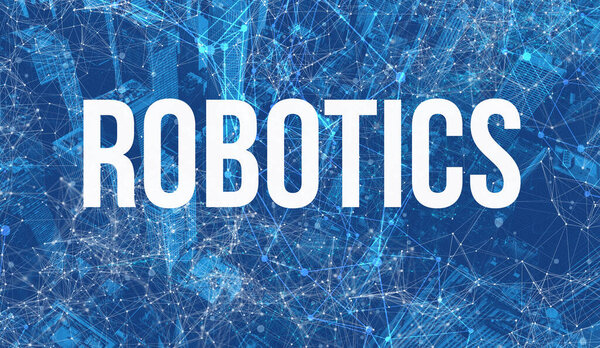 Robotics theme with abstract cityscape