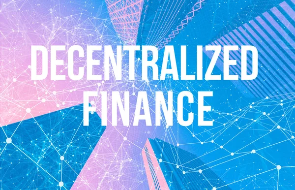 Dezentralisiertes Finanzthema mit abstrakten Mustern und Wolkenkratzern — Stockfoto