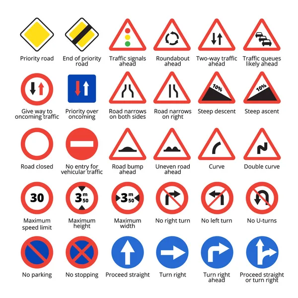 Europäische Verkehrsschilder. Sammlung von Vektor-Straßensymbolen. — Stockvektor