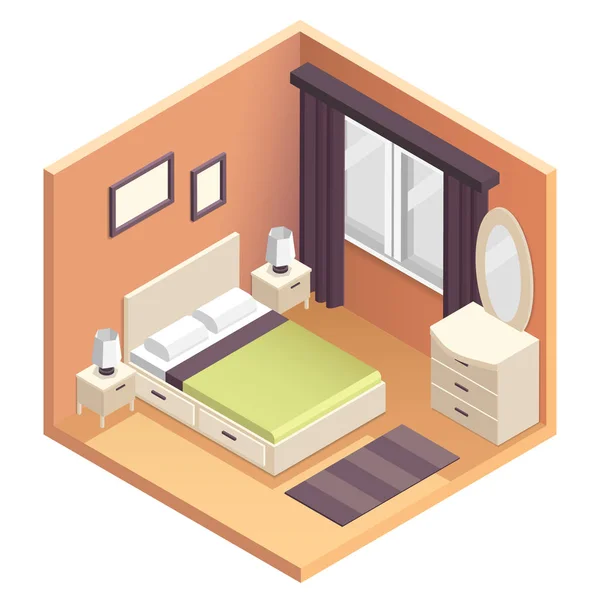 Ilustración del diseño interior del dormitorio isométrico — Vector de stock