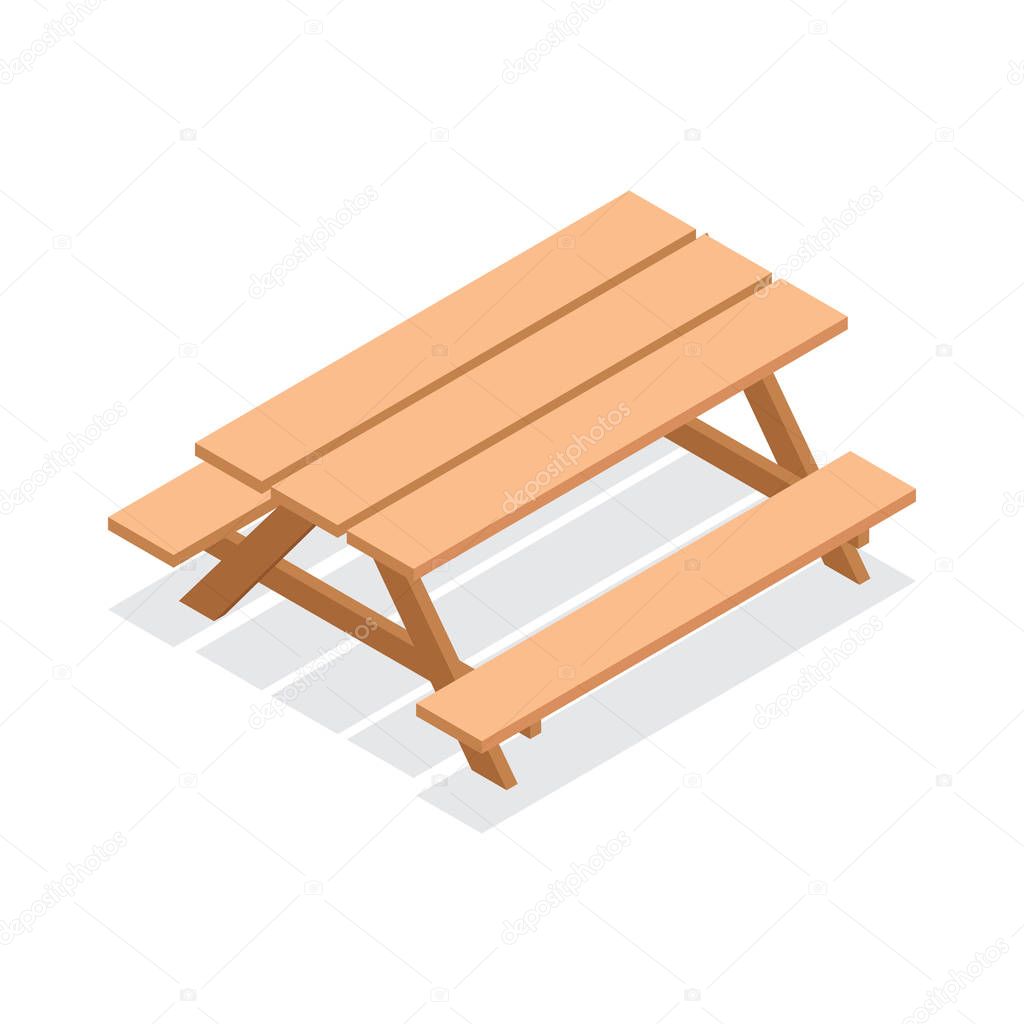 Isometric wooden table with benches. 3d vector outdoor furniture icon