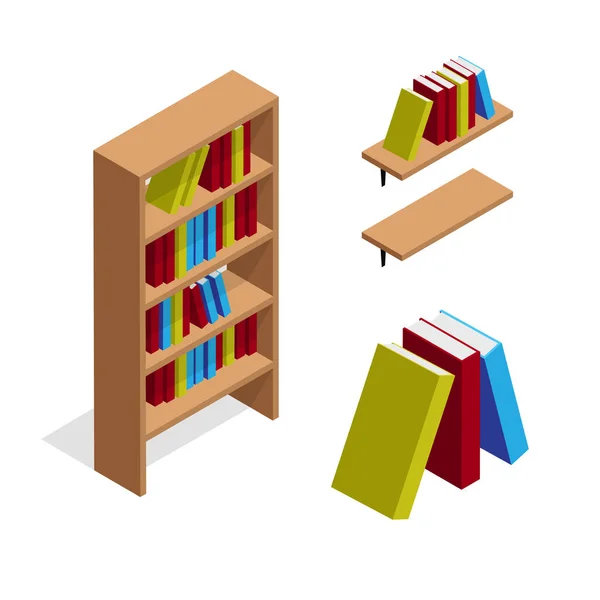 Bibliothèque isométrique et étagère avec illustration de livres — Image vectorielle