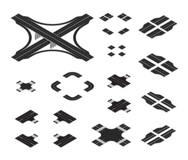 İzometrik yol haritası kiti. İnşaat yol elemanları ile yükseltilmiş yol, çaprazlama ve döner de dahil olmak üzere farklı işaretler