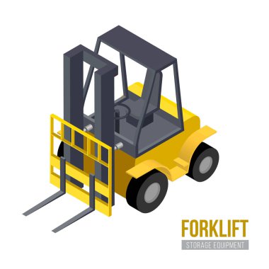 İzometrik forklift. Vektör depo donatımı. Ambar makine.