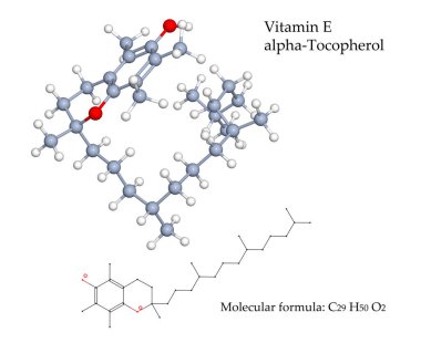 Vitamin E alpha-Tocopherol is a powerful antioxidant. Food sources are vegetable oils, nuts, seeds and fortified breakfast cereals. 3d illustration of molecular structure and chemical formula clipart