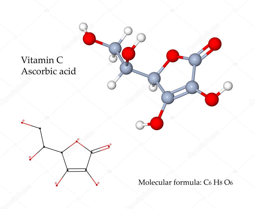 Vitamin C Ascorbic acid is a powerful antioxidant and important for the immune system. Food sources are fruits and vegetables, expecially lemon, orange, kiwi. 3d illustration of molecular structure and chemical formula