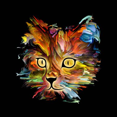 Kedi yüz portre için tebrik kartları, afiş, parlak renklerde hediyeler eğlenceli sanat. Evde beslenen hayvan boyama serisi.