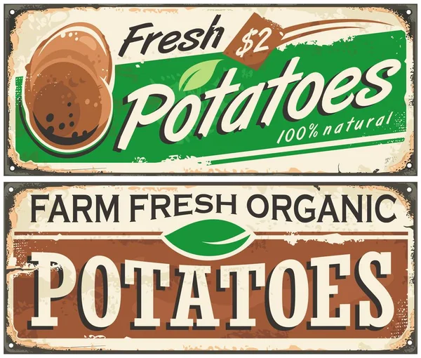 Retro metalen borden set met boerderij verse aardappelen — Stockvector