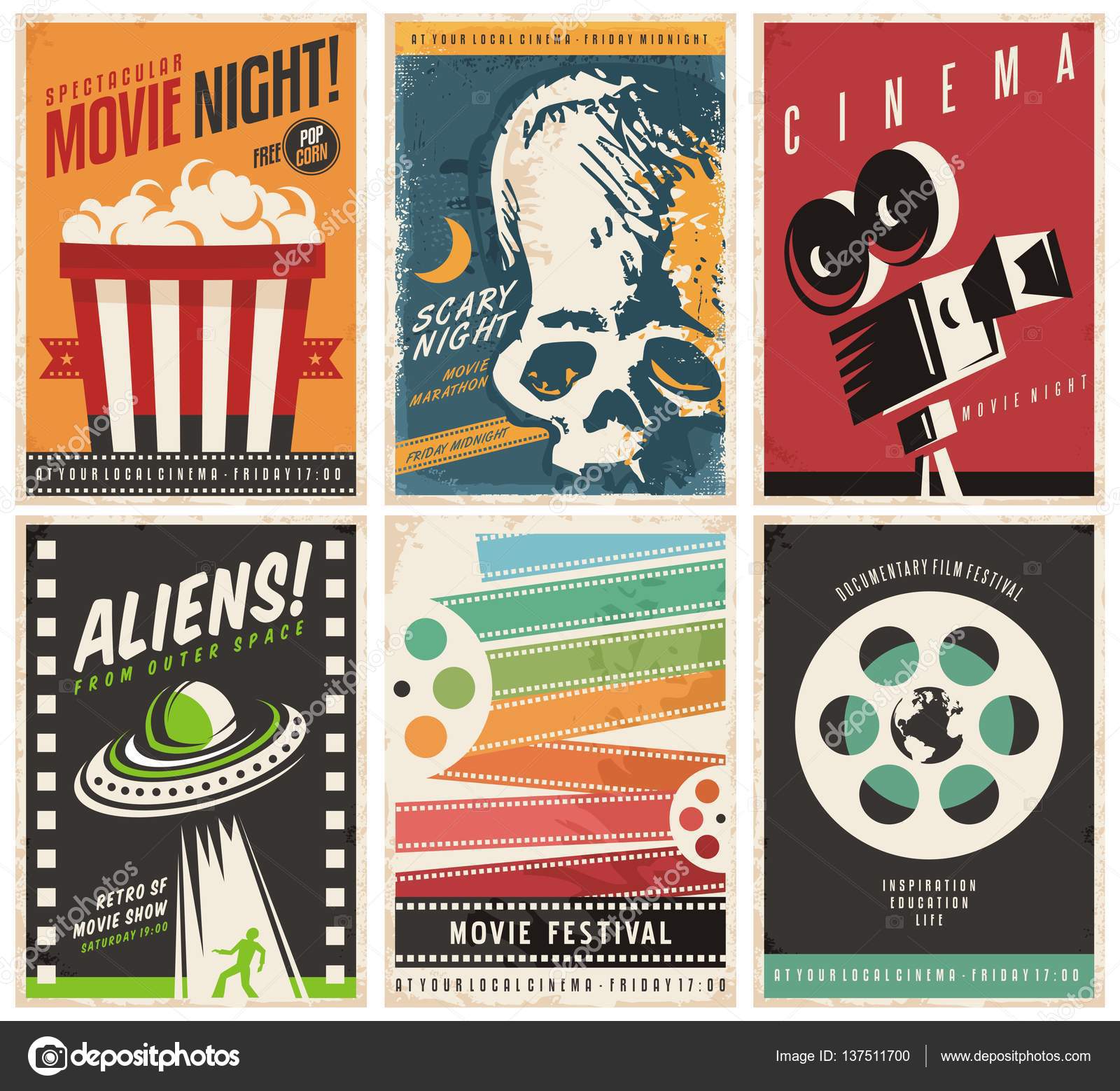 Cinema posters collection on colorful backgrounds. Stock Vector by