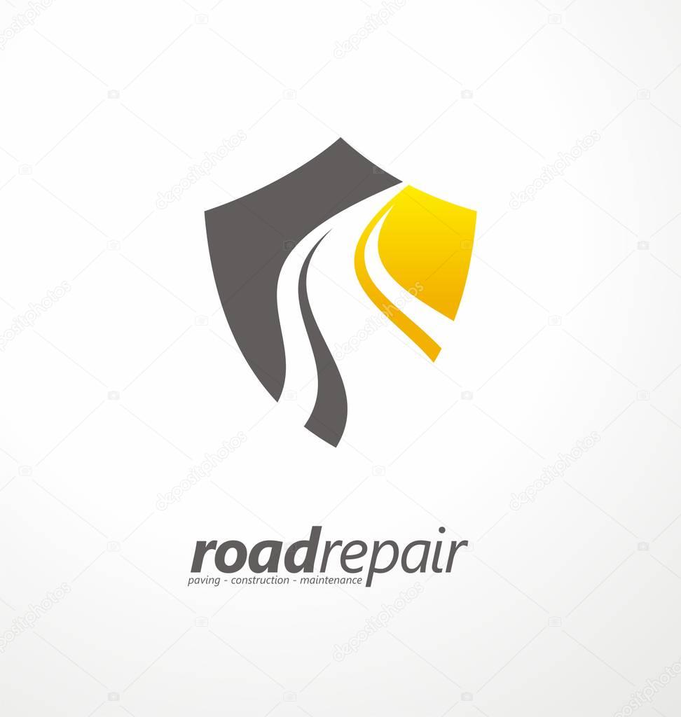 Vector road repair logo design template with shield shape and highway path in negative space. Construction and maintenance symbol, icon or emblem layout.