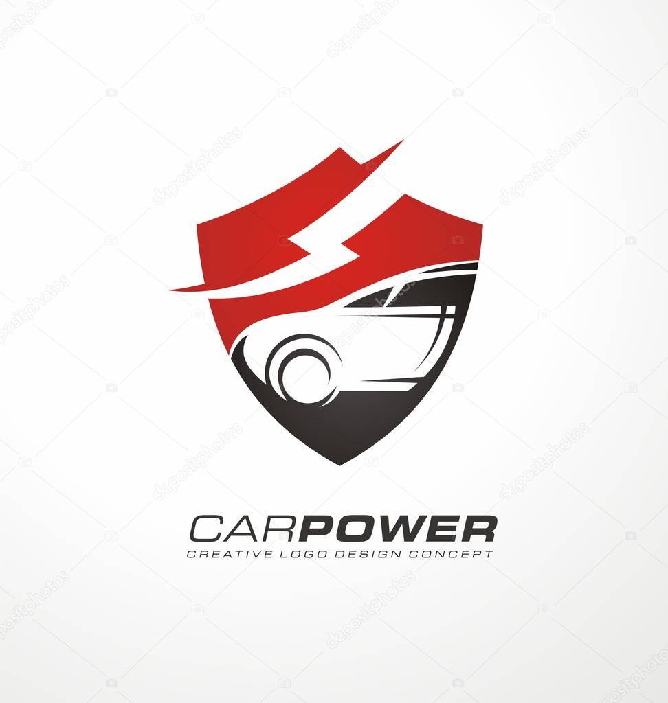 Auto electric logo design with shield shape and car in negative space. Vector sign, symbol, icon, emblem or logotype illustration on white background.