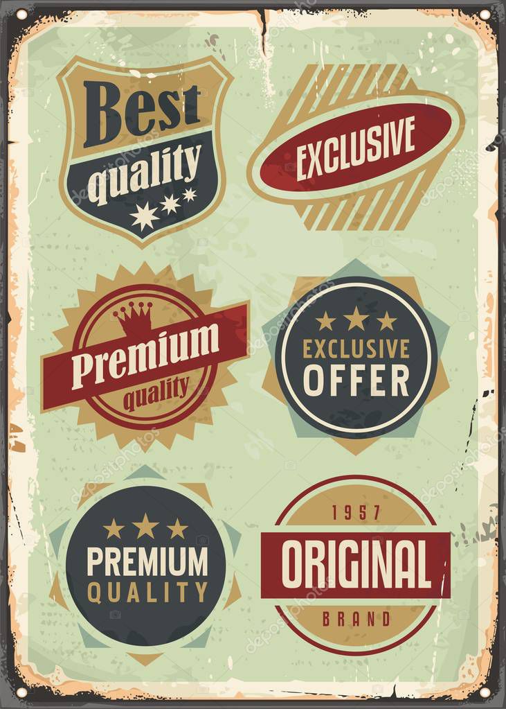 Vintage set of promotional labels, signs, symbols, badges, stickers, stamps and banners. Retro advertising on old damaged metal plate. Vector illustration.