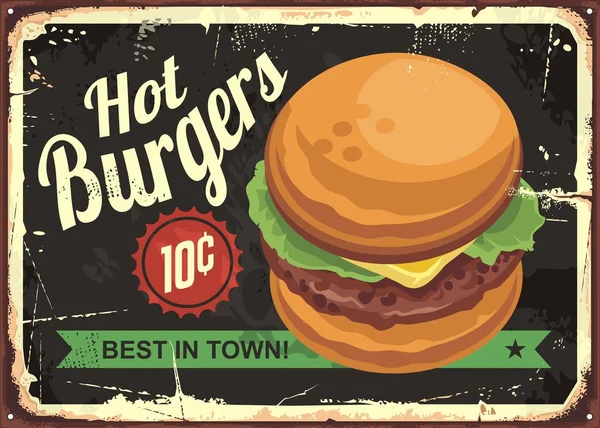 Hot burgers retro tin sign design — Stock Vector