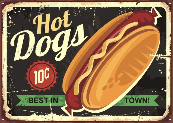 Hot dogs rétro étain signe — Image vectorielle