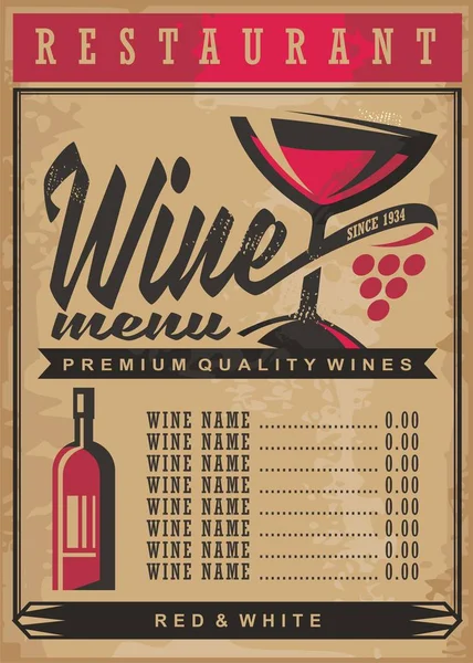 Modelo de menu de lista de vinhos no fundo de papel vintage antigo — Vetor de Stock
