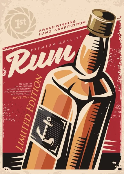 Plantilla de diseño de póster retro con botella de ron sobre fondo de papel viejo rojo — Vector de stock