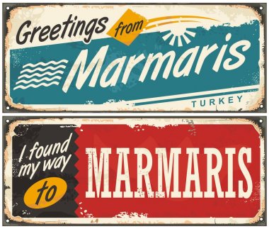 Marmaris Türkiye, retro teneke işaretleri kümesi selamlar