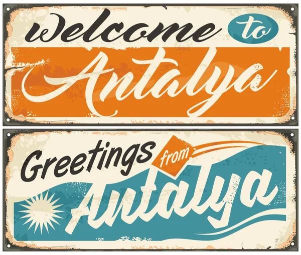 Bienvenido al conjunto de letreros de recuerdo retro Antalya — Archivo Imágenes Vectoriales