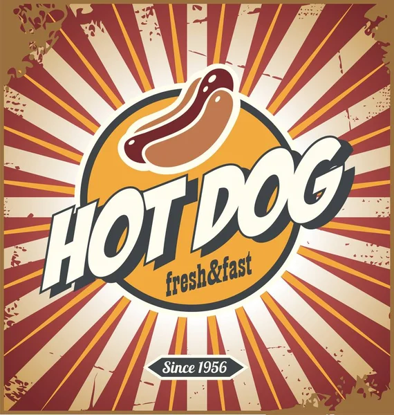 Hot dog komiska stil promotion retro skylt design — Stock vektor