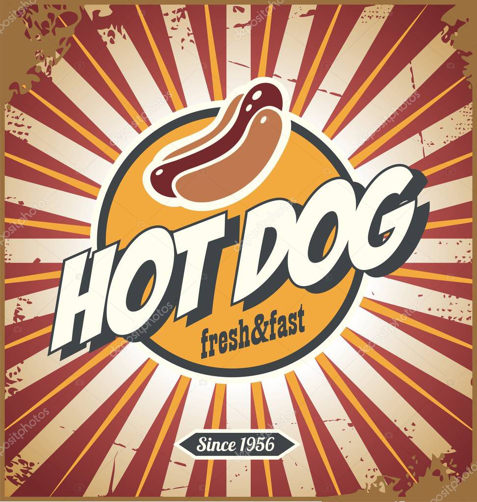 Hot dog comic style promotional retro sign design on colorful background. Fast food and restaurant concept.