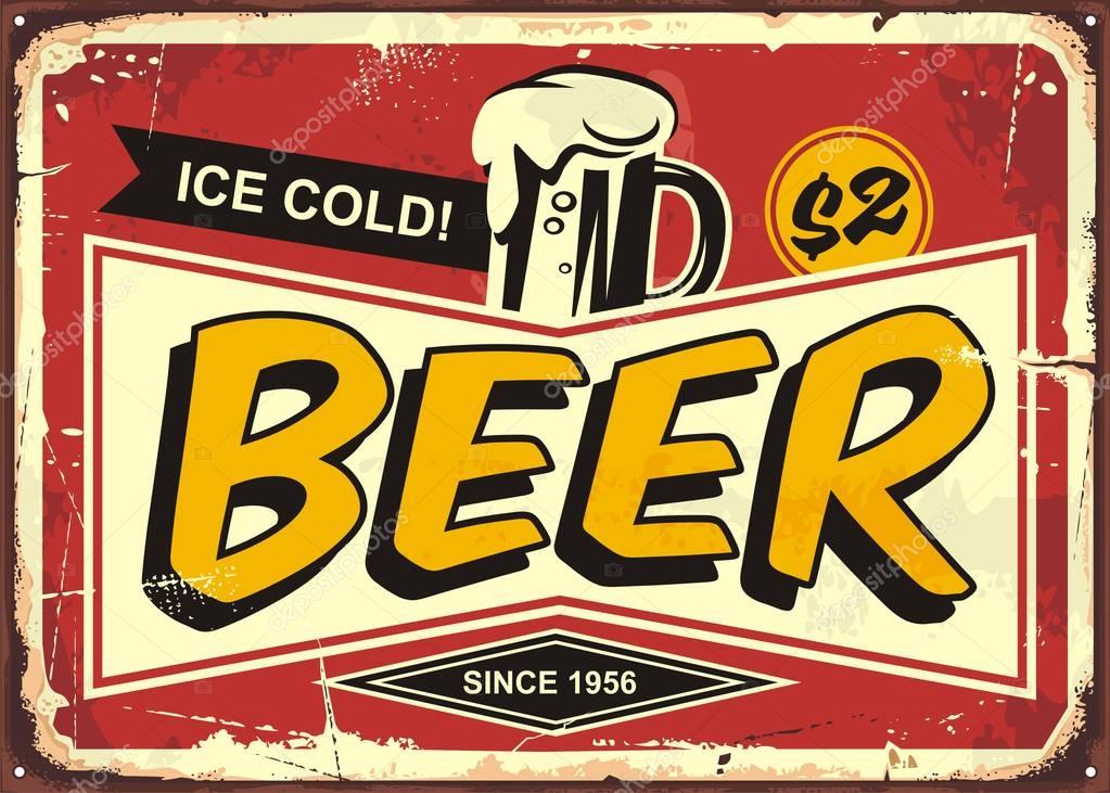 Beer vintage tin sign for cafe bar or pub decoration. Comic style retro poster design with ice cold beer mug on red background.