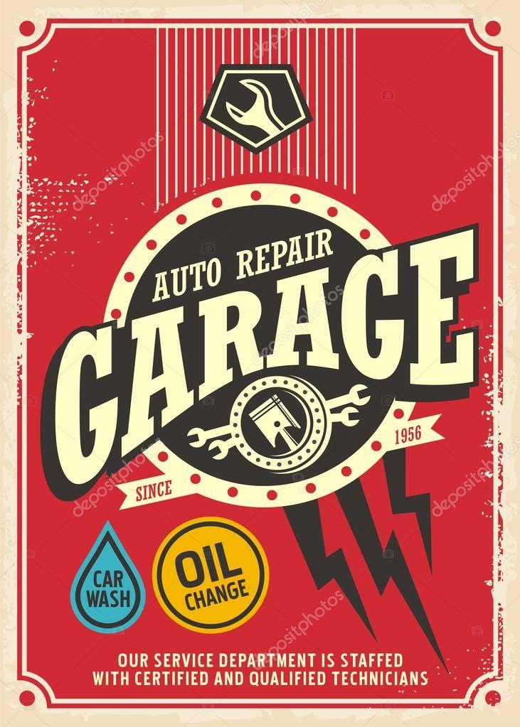 Classic garage retro poster design template. Car service and repair vintage sign. Vector illustration.