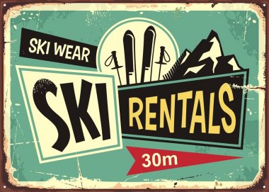 Ski rentals retro tin sign design. Ski equipment ad poster with pair of skis and mountain drawing. Vector illustration. clipart