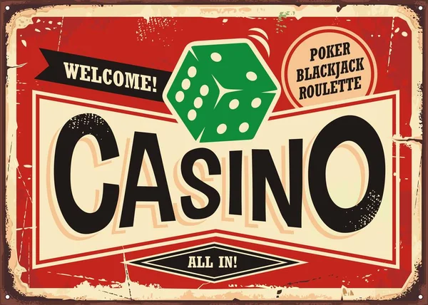 Casino Işareti Vintage Teneke Işareti Kırmızı Zemin Üzerine Yeşil Zar — Stok Vektör