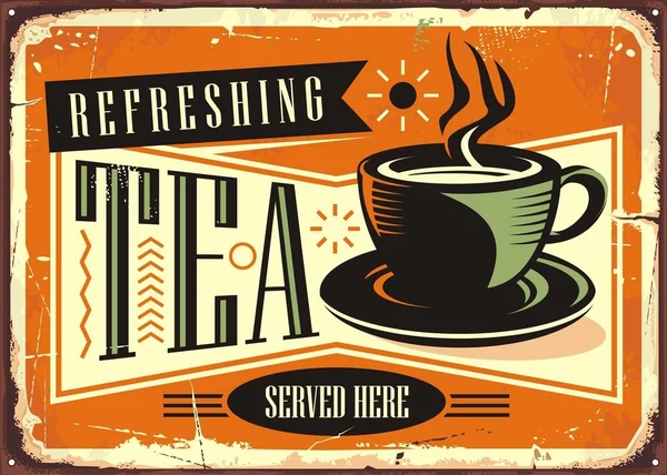 Refrescante Chá Servido Aqui Sinal Publicidade Vintage Café Poster Retro — Vetor de Stock