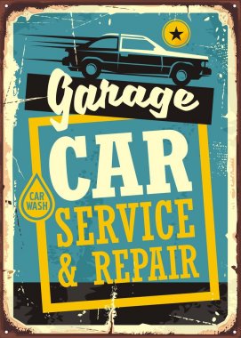 Otomobil ve garaj retro işaret şablonu. Araba Servis ve onarım vintage işareti ile araba yan görünüm ve yaratıcı tipografi. Vektör çizim.