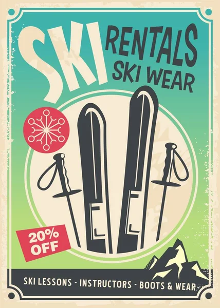 Ski Uthyrning Retro Promo Affisch Design Skidor Utrustning Annonsören Med — Stock vektor