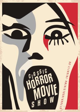 Korkunç yüz çığlık ile korku film poster tasarımı. Sinema poster klasik korku filmi göstermek için. Kübizm tarzı sanatsal vektör çizim.