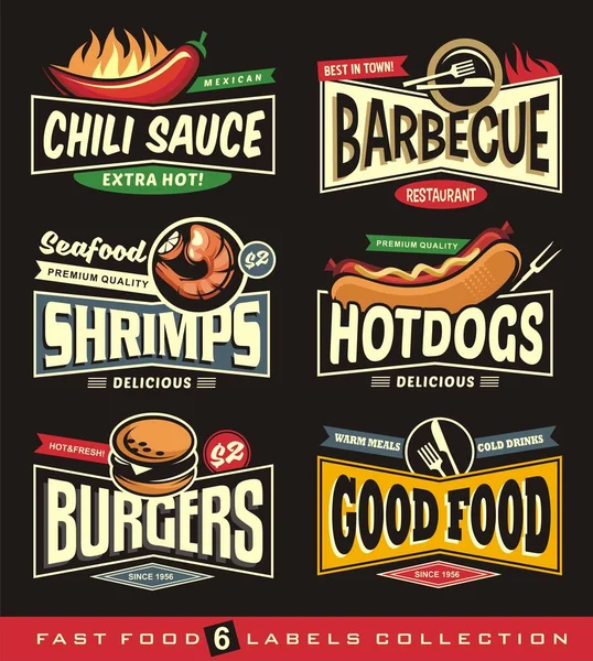 Food Restaurant Labels Stickers Collection Black Background Inglês Chili Churrasco — Vetor de Stock