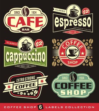 Kahve Etiketler ve stickerlar koleksiyonu. İşaret ve sembolleri Kahve Dükkanı, cafe bar ve kahve evi için ayarla.
