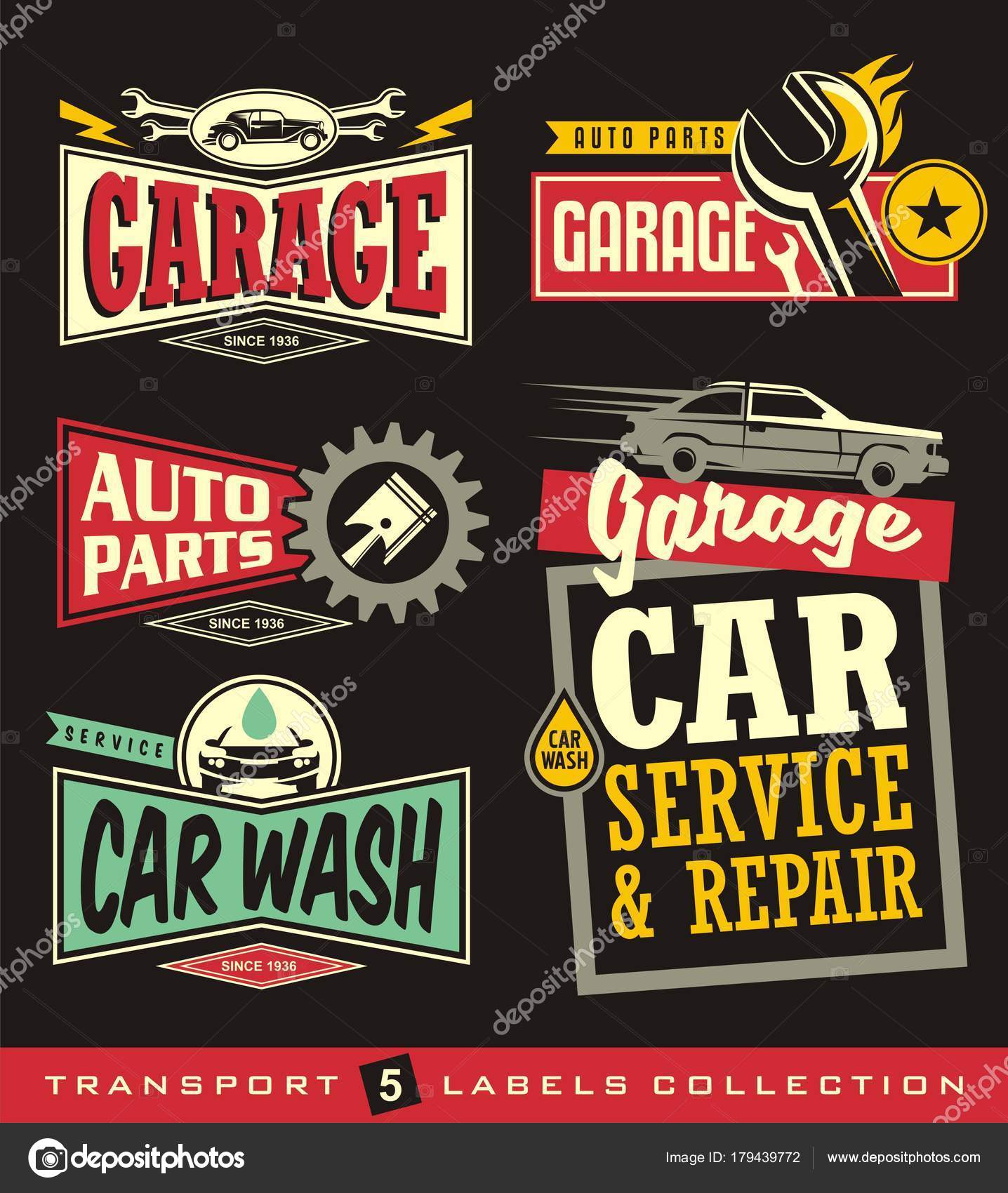 Auto Etiketten Schilder Embleme Logos Und Aufkleber Sammlung Garage  Autoservice Stock-Vektorgrafik von ©lukeruk 179439772