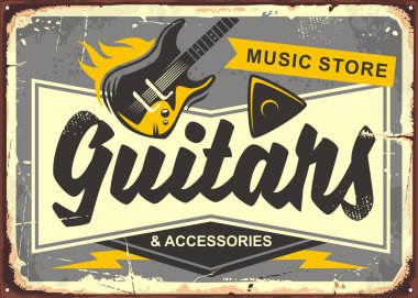 Gitar store retro reklam tabela elektro gitar, gitar çekme ve yaratıcı yazım hatası. Vintage müzik illüstrasyon. Vektör görüntü.