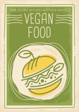 Vegan gıda promosyon afiş tasarımı ile yeşil vejetaryen burger bırakıyor ve filizlenir. Vejetaryen Restoran için sağlıklı beslenme poster şablonu. Vektör hat sanat çizim.