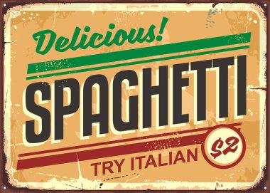 Lezzetli spagetti yemek vintage tabela reklamı. İtalyan yemeği, restoran makarna şablonu dene. Yaratıcı metni olan vektör retro illüstrasyonu.