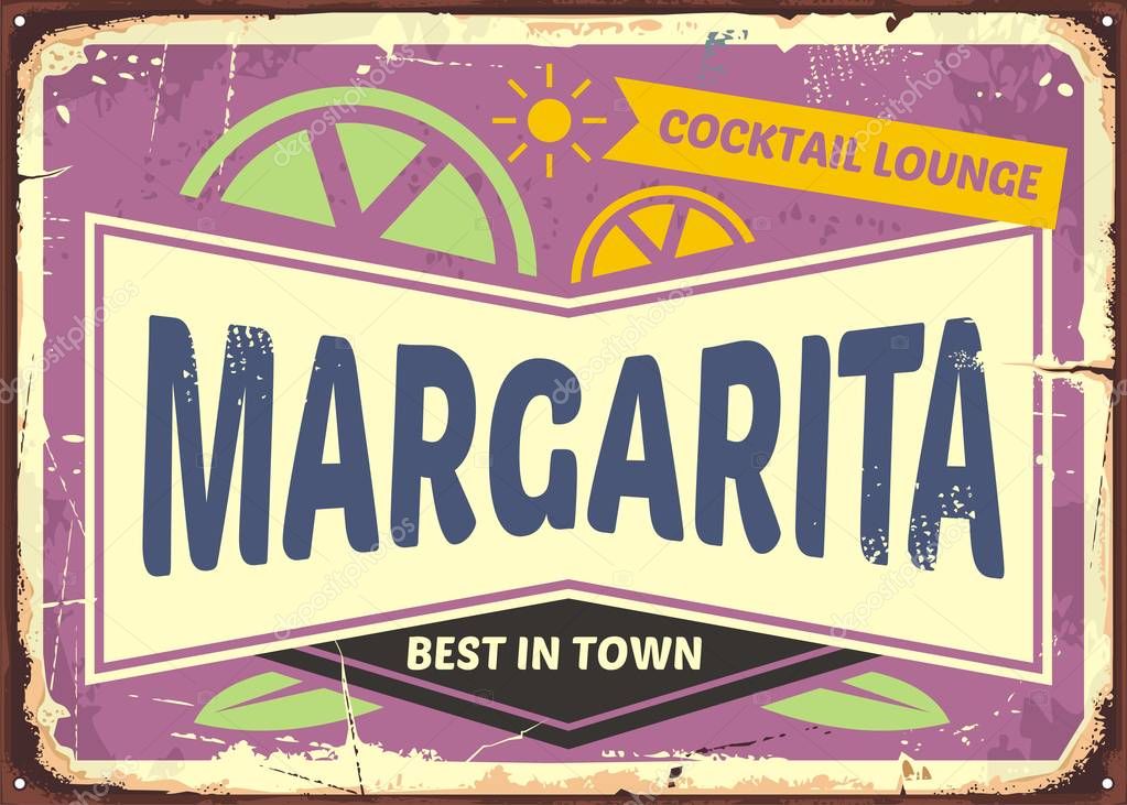 Cocktail bar retro sign design for Margaritas, one of the most popular cocktail drinks. Vintage advertise on purple violet background. Vector illustration.