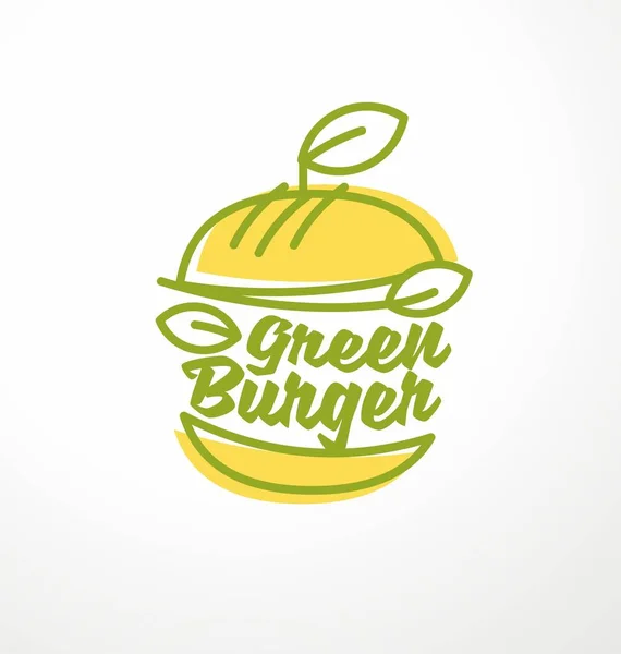 有機の緑成分から作られた健康バーガー 完全菜食主義のハンバーガー ロゴデザインのアイデア アップル形バーガーの葉 ベクター ライン アート — ストックベクタ