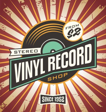 Vinil plak mağazası retro işaret tasarım. Posteri fikir müziği kayıt deposu için. Vintage müzik vektör reklam şablonu.