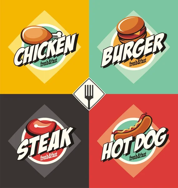 快餐餐厅标签设置 热狗和炸鸡的标志和横幅 好玩的标志收集完美的食品车或快餐店 — 图库矢量图片