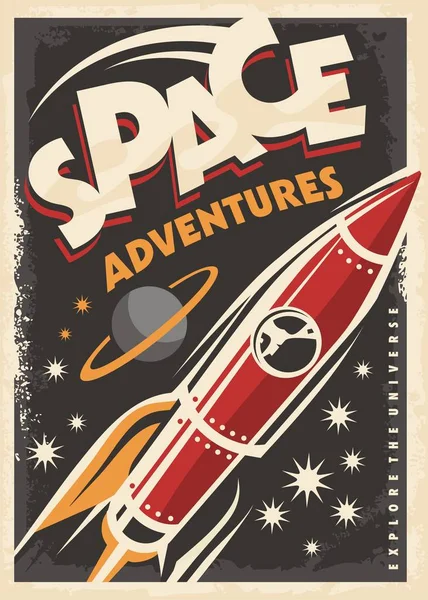 Kosmicznych Przygód Retro Plakat Rakieta Statek Kosmiczny Odkrywania Wszechświata — Wektor stockowy