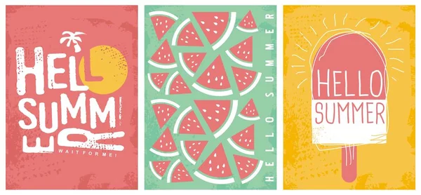 夏日欢乐创意艺术横幅和海报模板 你好夏季衬衫打印布局与太阳 西瓜和冰淇淋 矢量设计插图集 — 图库矢量图片