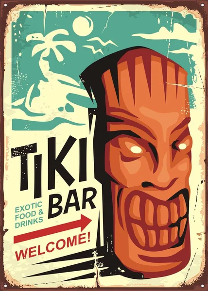 ティキバー Tiki のマスクと熱帯の風景とビンテージ記号概念 古いレトロな背景にハワイのカフェ レストラン広告 — ストックベクタ